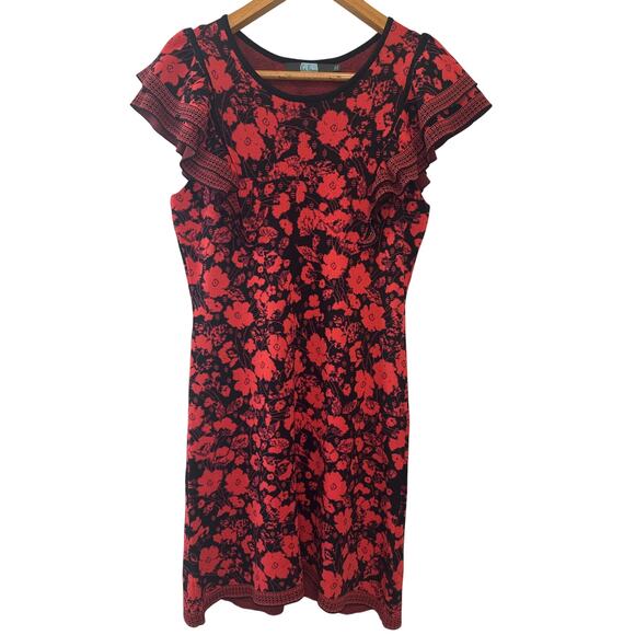 Anthropologie Eva Franco Ruffled Floral Knit Mini Sweater Dress Red Size L - Picture 3 of 9